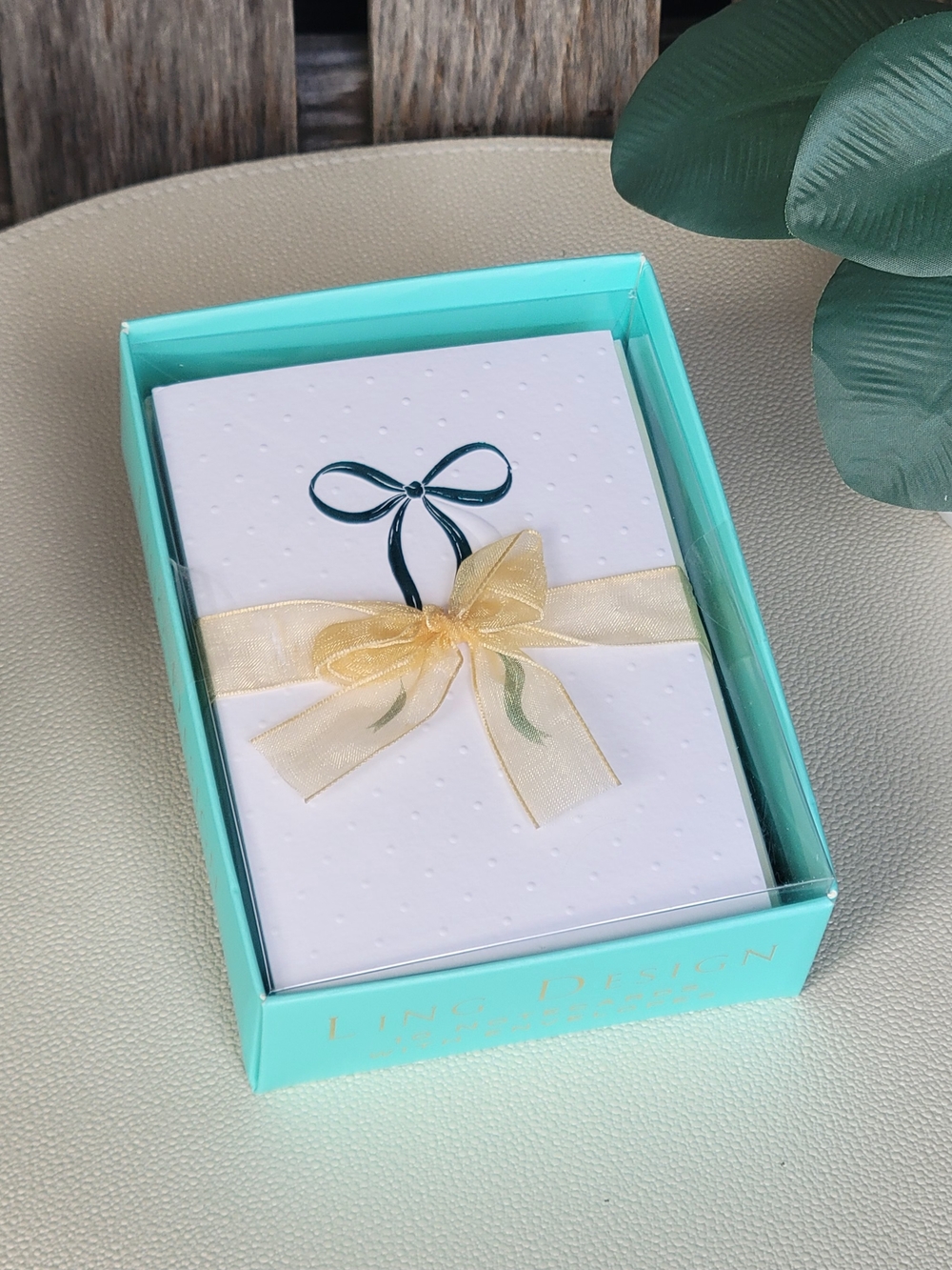 Metallic Aqua Embossed Bow Note Card Set Of 10